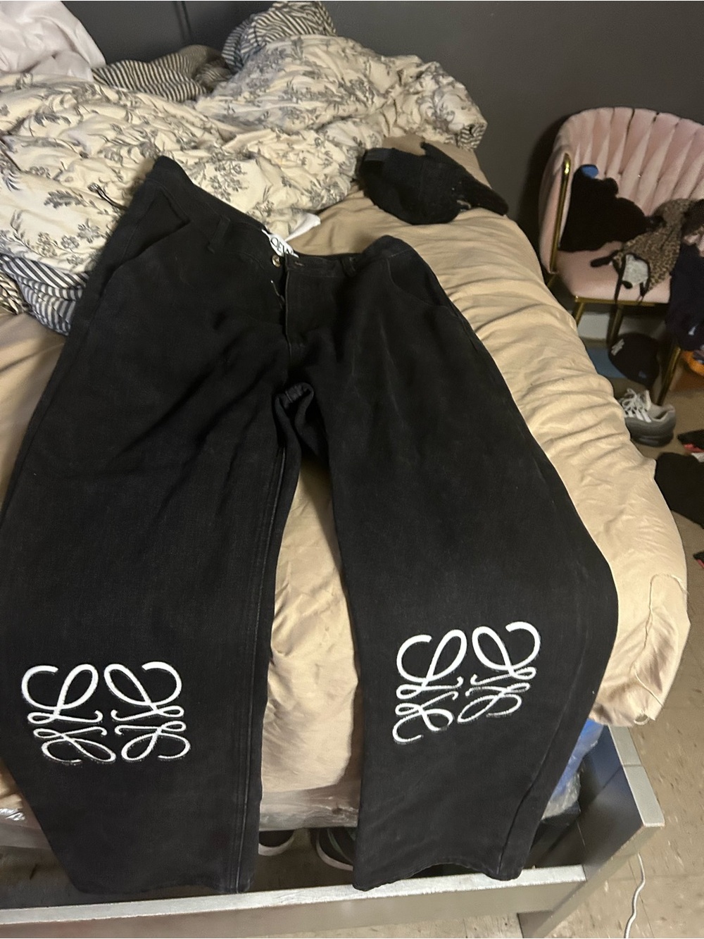 Loewe Black Straight-Leg Jeans with White Anagram Kneepad Embroidery